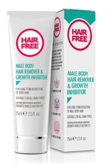 Image of a product called "Hair Free Male Body Hair Remover & Growth Inhibitor." The product is in a 75ml (2.5 fl oz) tube and is designed for male body hair reduction for all skin types. The tube is next to its box with matching branding and information.