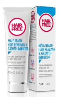 Image of a product called "Hair Free Male Beard Hair Remover & Growth Inhibitor." The product is in a 75ml (2.5 fl oz) tube and is designed for removing male beard hair growth for all skin types. The tube is next to its box with matching branding and information.