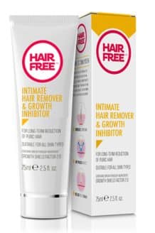 Image of a white tube and matching box of "Hair Free Intimate Hair Remover & Growth Inhibitor". The tube and box are primarily white with pink and yellow accents. The text on both the tube and the box states that it is suitable for all skin types and comes in a 75 ml size.