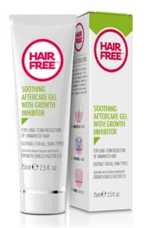 Image of a white tube and matching box of "Hair Free Soothing Aftercare Gel With Growth Inhibitor". The tube and box are primarily white with pink and yellow accents. The text on both the tube and the box states that it is suitable for all skin types and comes in a 75 ml size.