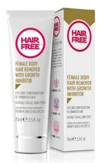 Image of a white tube and matching box of "Hair Free Female Body Hair remover With Growth Inhibitor". The tube and box are primarily white with pink and yellow accents. The text on both the tube and the box states that it is suitable for all skin types and comes in a 75 ml size.