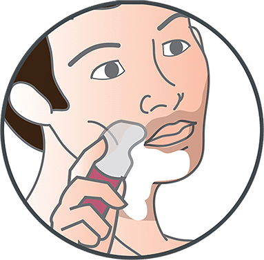 Illustration of a person applying facial cream or lotion to their face using a handheld applicator. The person has short brown hair and is depicted in a circular frame.