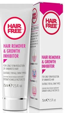 Tube of Hairfree hair removal cream next to packaging box. The red version is the general