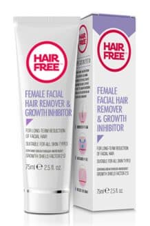 Image of a product called "Hair Free Female Facial Hair Remover & Growth Inhibitor." The product is in a 75ml (2.5 fl oz) tube and is designed for long-term facial hair reduction for all skin types. The tube is next to its box with matching branding and information.